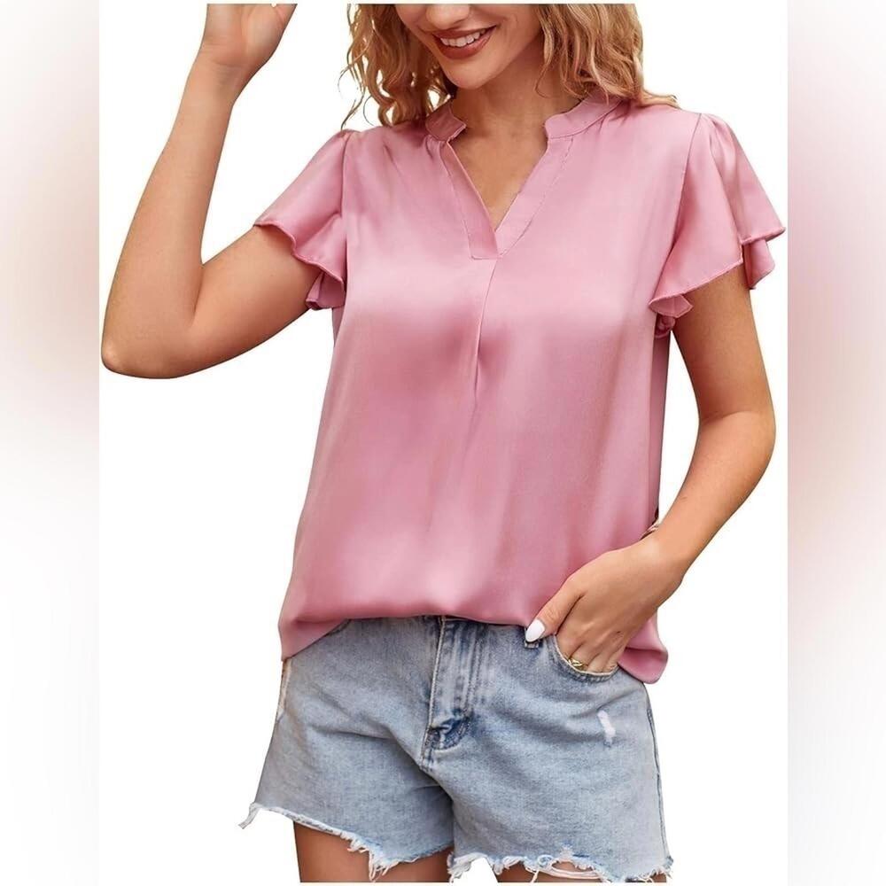 NWT Epretty Size‎ S Pink Satin Ruffle Short Sleeve Blouse